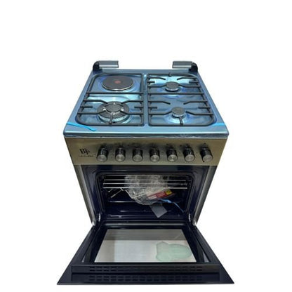 Bjs Everest 60x60 Cooker 3 Gas Burners + 1 Electric Plate, rapid plate, WOK triple ring burner, sensor, blue enamel oven, turbo fan, food warmer, Stainless Steel. Silver