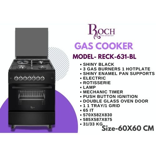 Roch Cooker 60x60CM 3 Gas Burners + 1 Hotplate - Black RECK-631BL