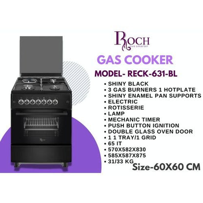 Roch Cooker 60x60CM 3 Gas Burners + 1 Hotplate - Black RECK-631BL