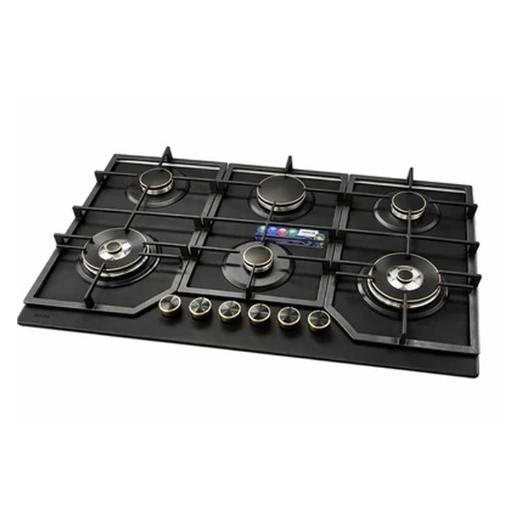 Bolesi Hob 6 Burner Built-In Gas Hob with 2 WOK Burners, Golden Diamond Series Tempered Glass Cooker