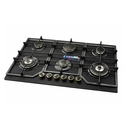 Bolesi Hob 6 Burner Built-In Gas Hob with 2 WOK Burners, Golden Diamond Series Tempered Glass Cooker