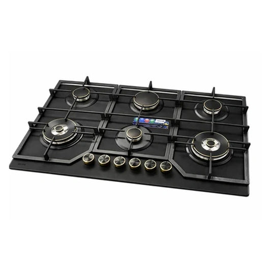 Bolesi Hob 6 Burner Built-In Gas Hob with 2 WOK Burners, Golden Diamond Series Tempered Glass Cooker