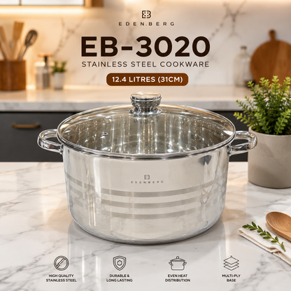 Edenberg Cooking Pot EB-3020 Stainless Steel  12.4L – 30cm – 5-Layer Base – Glass Lid – Induction Compatible