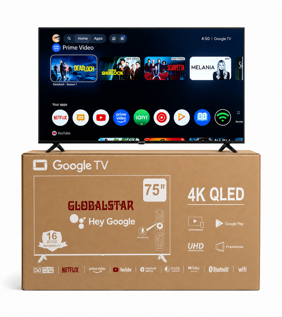 Globalstar 75 Inch QLED 4K Google TV – Smart UHD Television with Built-In WiFi, Bluetooth, Netflix, YouTube, CI+ & T2/S2
