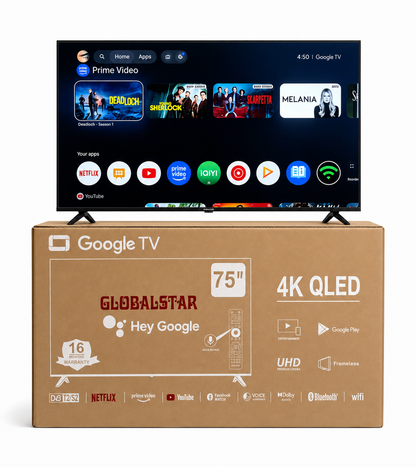 Globalstar 75 Inch QLED 4K Google TV – Smart UHD Television with Built-In WiFi, Bluetooth, Netflix, YouTube, CI+ & T2/S2