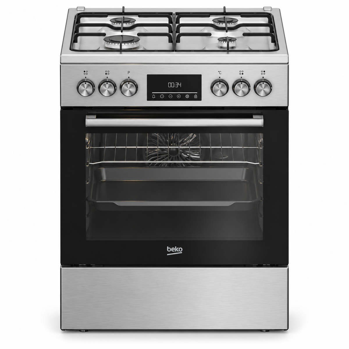 Beko Cooker 60cm Freestanding 4 Gas Burners, 66L Fan-Assisted Electric Oven, Stainless Steel