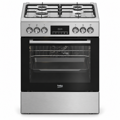 Beko Cooker 60cm Freestanding 4 Gas Burners, 66L Fan-Assisted Electric Oven, Stainless Steel