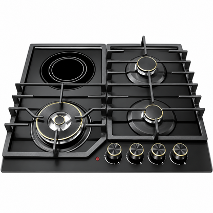 Bolesi Hob 4 Burner Built-In Gas And Electric Hob 3 Gas Burners + 1 Electric Plate, Tempered Glass Top, Auto Ignition Golden Diamond BLS-ML-D8401G