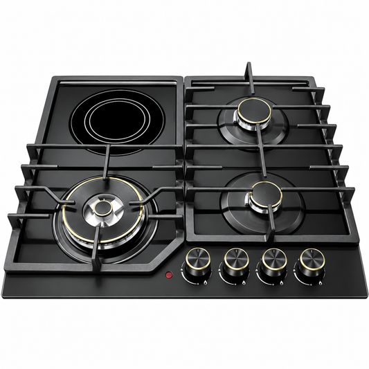 Bolesi Hob 4 Burner Built-In Gas And Electric Hob 3 Gas Burners + 1 Electric Plate, Tempered Glass Top, Auto Ignition Golden Diamond BLS-ML-D8401G