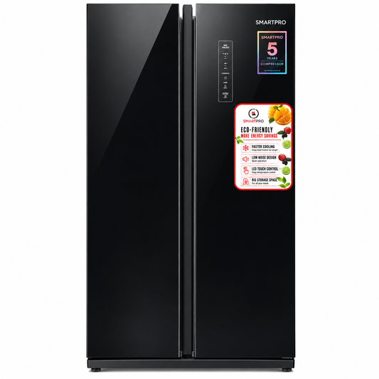 Smartpro Refrigerator 433Litres Side-by-Side Inverter No Frost – Glass Black,SFR-600SBS