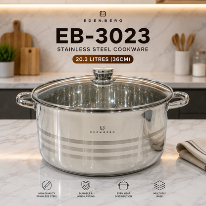 Edenberg Cooking Pot EB-3023 Stainless Steel  20.3L – 36cm – Multi-Ply Base – Glass Lid – Induction Compatible