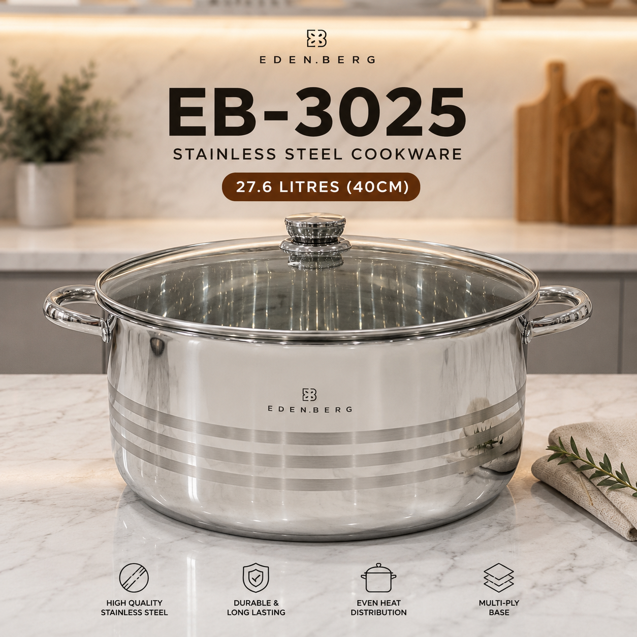 Edenberg Cooking Pot EB-3025 Stainless Steel  27.6L – 40cm – 5-Layer Base – Glass Lid – Induction Compatible
