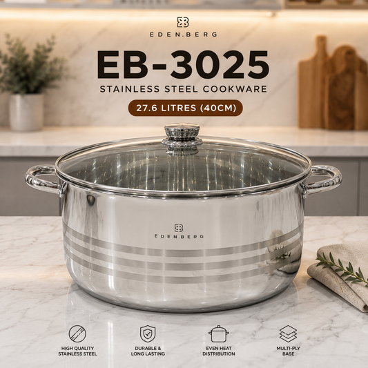 Edenberg Cooking Pot EB-3025 Stainless Steel  27.6L – 40cm – 5-Layer Base – Glass Lid – Induction Compatible