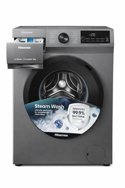 Hisense 9KG Front Load Washer WFQP9014EVMT  Steam, Inverter Motor, Silver