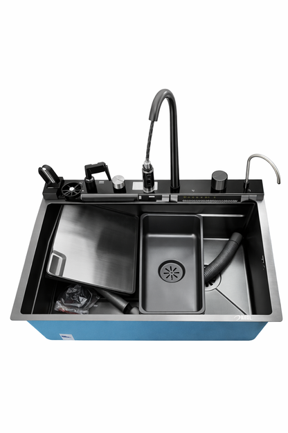 Khal Multifunction Stainless Steel Sink Handmade 73*46*21 Deep Bowl With Waterfall Faucet, Pull-Out Sprayer and  Installation Kit