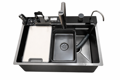 Khal Multifunction Smart Sink Set Handmade Stainless Steel  73x46cm with Waterfall Faucet, Pull-Out Spray and  Phone Holder