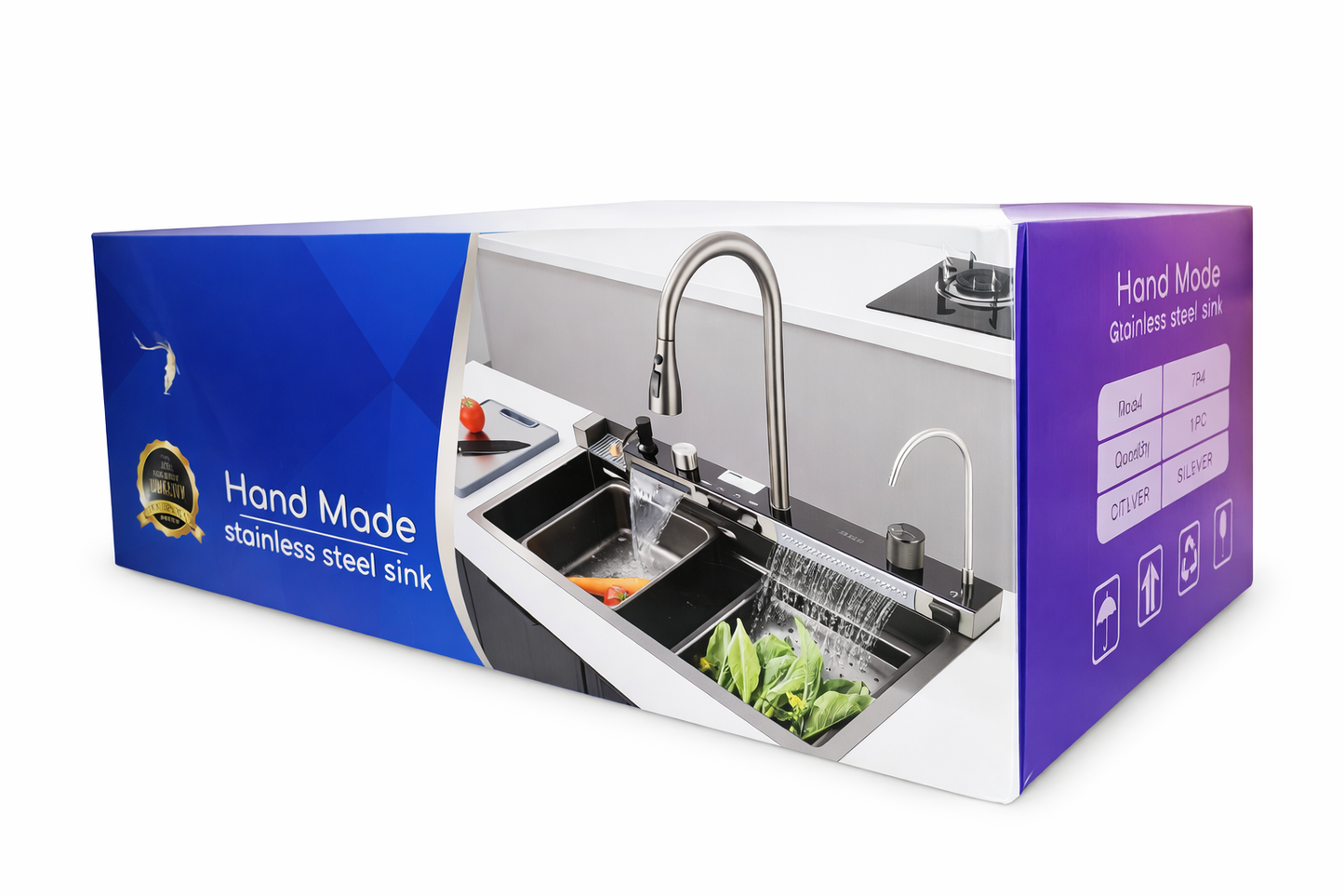 Khal Multifunction Stainless Steel Sink Handmade 73*46*21 Deep Bowl With Waterfall Faucet, Pull-Out Sprayer and  Installation Kit