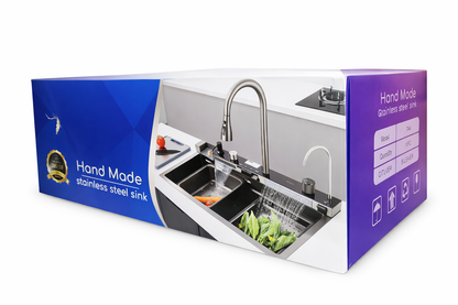 Khal Multifunction Stainless Steel Sink Handmade 73*46*21 Deep Bowl With Waterfall Faucet, Pull-Out Sprayer and  Installation Kit
