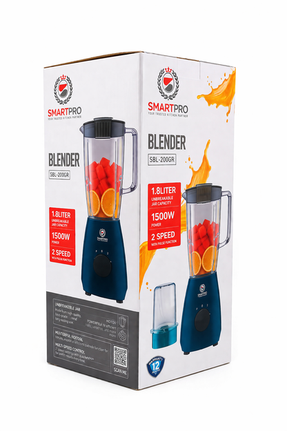 SmartPro Blender SBL-200GR 1.8L 1500W – 2 Speed + Pulse, Heavy Duty Kitchen Blender – Unbreakable Jar