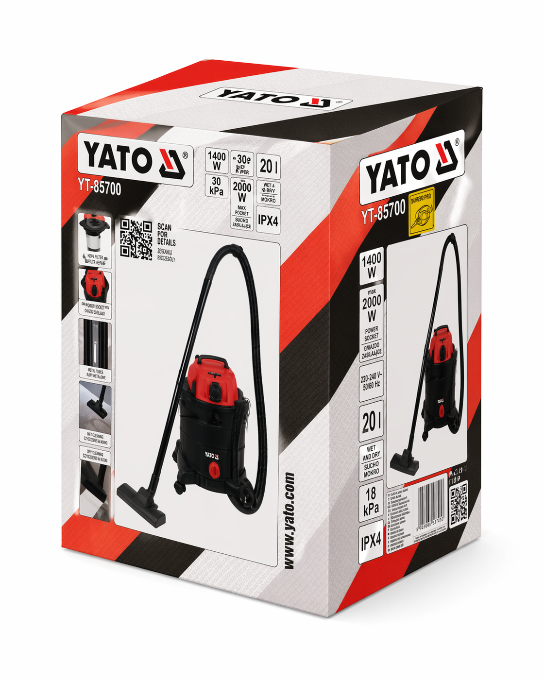 YATO Wet And Dry Vacuum Cleaner 1400W 20L YT-85700BS, Heavy Duty Industrial Vacuum, HEPA Filter, Strong Suction