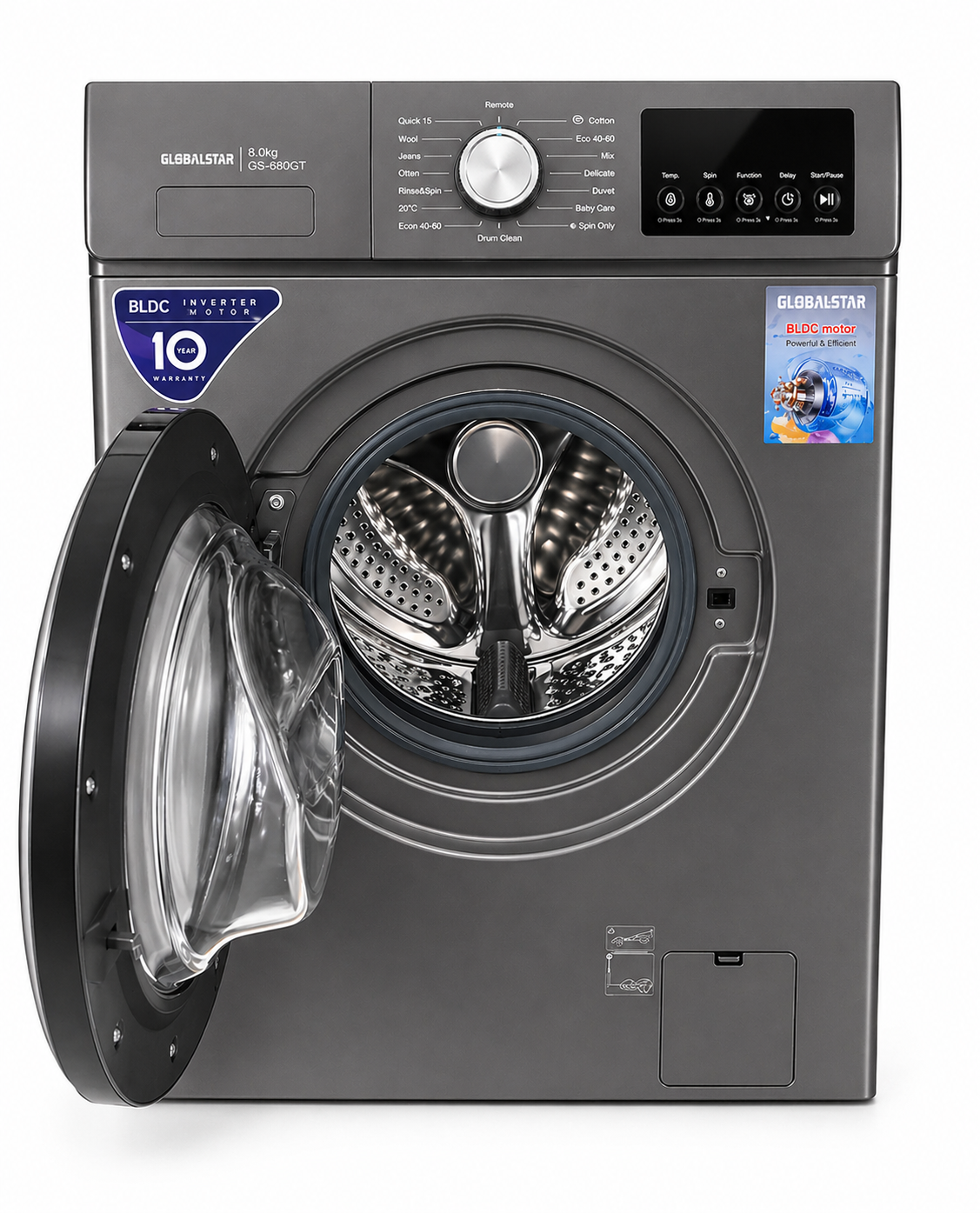 Globalstar GS-800GT Front Load Washing Machine 8KG – BLDC Inverter Motor, Fully Automatic, Energy Saving – Grey