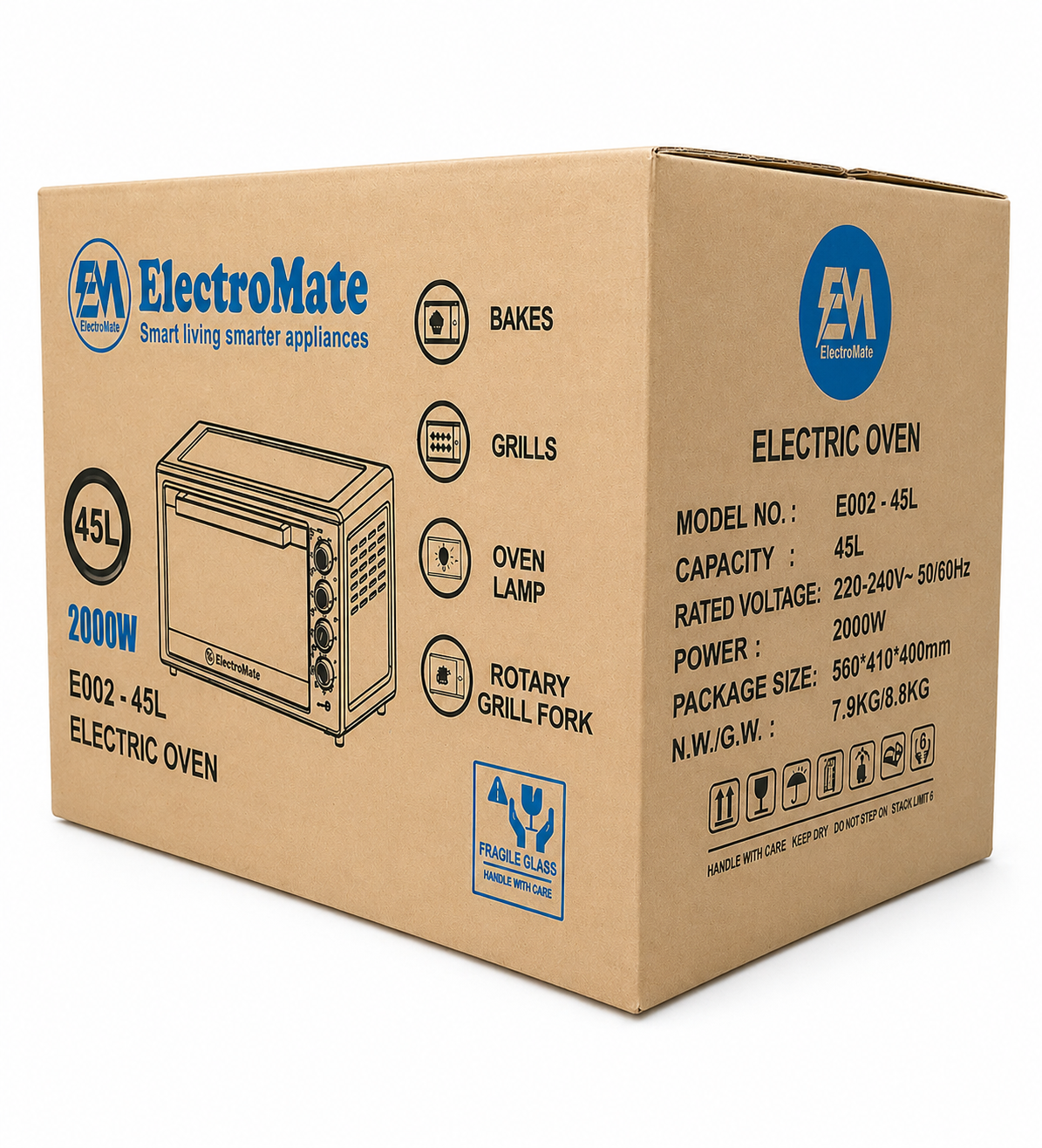 ElectroMate Electric Oven 45L EO02-45L – 2000W, Grill and  Rotisserie, Multi-Function Baking Oven with Light