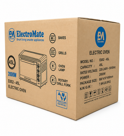 ElectroMate Electric Oven 45L EO02-45L – 2000W, Grill and  Rotisserie, Multi-Function Baking Oven with Light