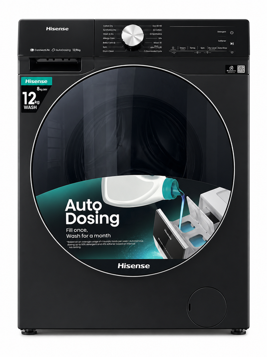 Hisense WD5S1245BB Washer And Dryer 12KG/8KG – Front Load, Inverter Motor, Steam Wash, Fully Automatic – Black