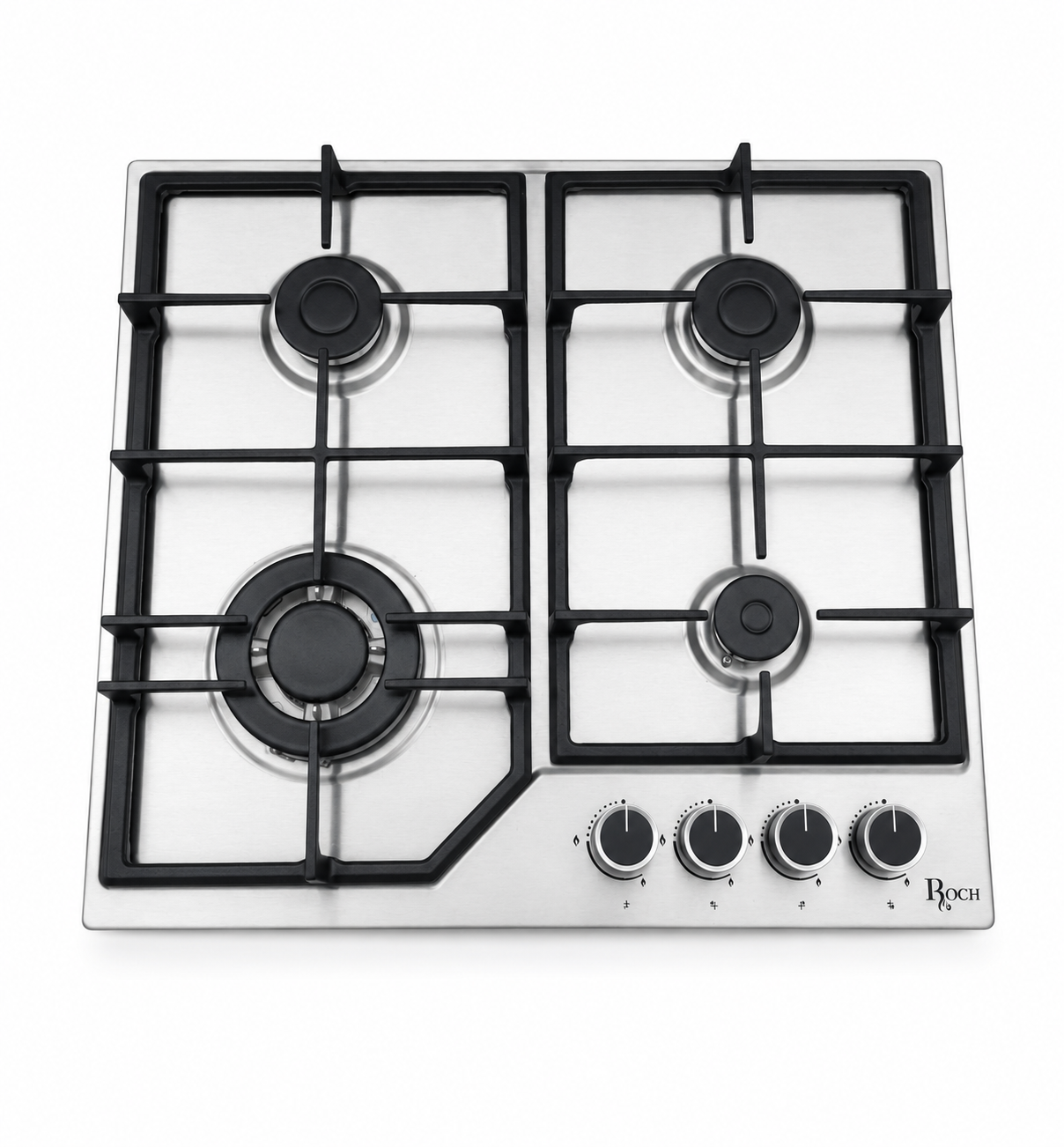 Roch AR9050-FIE 90CM Built-In Gas Hob, 4 Burners, Triple Ring Wok Burner, Auto Ignition, Stainless Steel, Cast Iron Pan Supports