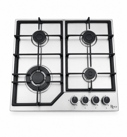 Roch AR9050-FIE 90CM Built-In Gas Hob, 4 Burners, Triple Ring Wok Burner, Auto Ignition, Stainless Steel, Cast Iron Pan Supports