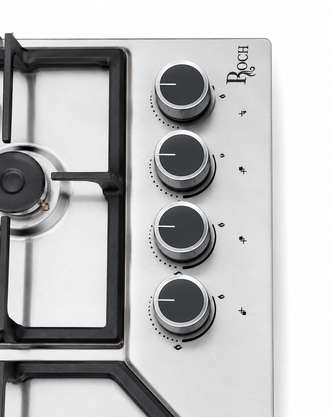 Roch AR9050-FIE 90CM Built-In Gas Hob, 4 Burners, Triple Ring Wok Burner, Auto Ignition, Stainless Steel, Cast Iron Pan Supports