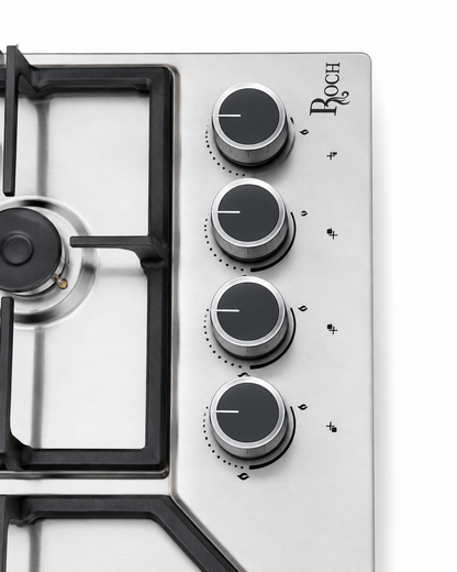 Roch AR9050-FIE 90CM Built-In Gas Hob, 4 Burners, Triple Ring Wok Burner, Auto Ignition, Stainless Steel, Cast Iron Pan Supports