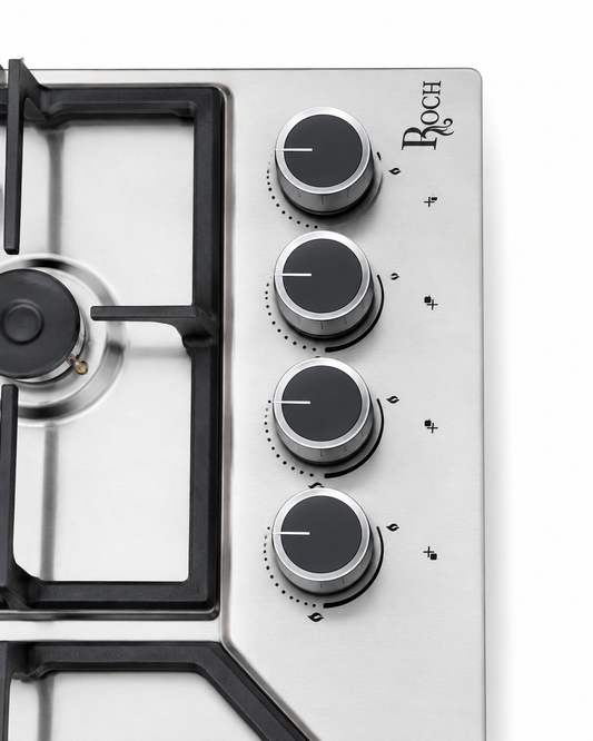 Roch AR9050-FIE 90CM Built-In Gas Hob, 4 Burners, Triple Ring Wok Burner, Auto Ignition, Stainless Steel, Cast Iron Pan Supports