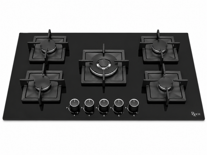 Roch 90cm 5 Burner With Wok Built-In Gas Hob Cooker  Black Tempered Glass Top, Auto Ignition RBH 9050 GLB