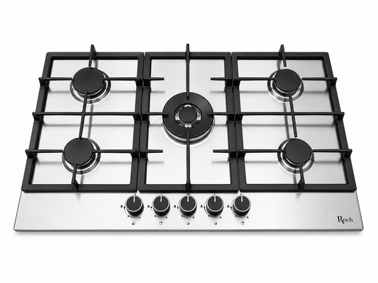 Roch 90cm 5 Burner With Wok Built-In Gas Hob Cooker Stainless Steel, Auto Ignition, LPG Compatible