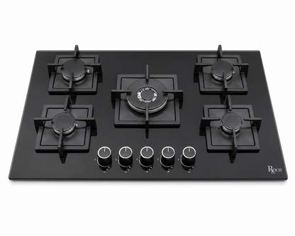 Roch 90cm 5 Burner With Wok Built-In Gas Hob Cooker  Black Tempered Glass Top, Auto Ignition RBH 9050 GLB