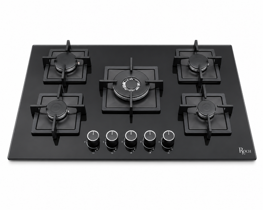 Roch 90cm 5 Burner With Wok Built-In Gas Hob Cooker  Black Tempered Glass Top, Auto Ignition RBH 9050 GLB