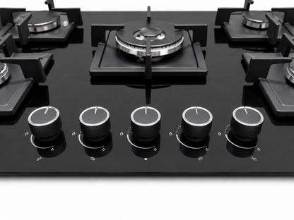 Roch 90cm 5 Burner With Wok Built-In Gas Hob Cooker  Black Tempered Glass Top, Auto Ignition RBH 9050 GLB