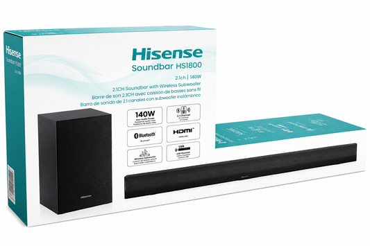 Hisense HS1800 2.1 Channel Soundbar With Wireless Subwoofer, 140W Powerful Audio, Bluetooth, HDMI ARC, USB, Surround Sound