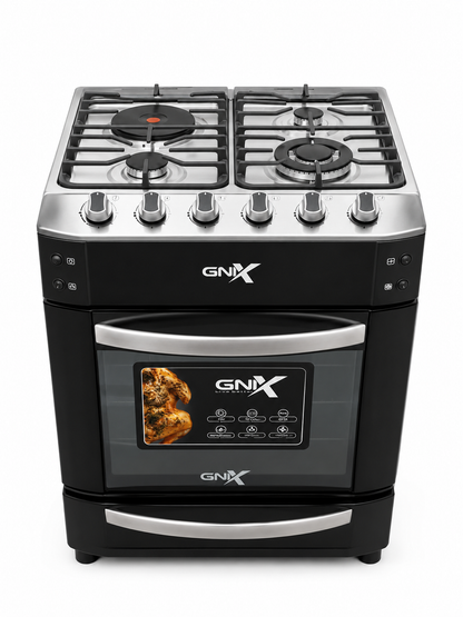 GNIX 60x60 Cooker 3 Gas Burners + 1 Rapid Hotplate, Electric Oven With Turbo Fan, Rotisserie, Gas Leak Sensor ,Wok Burner, Auto Ignition