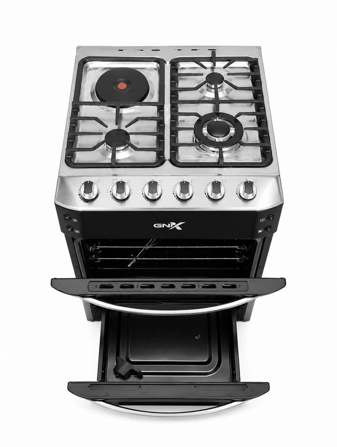 GNIX 60x60 Cooker 3 Gas Burners + 1 Rapid Hotplate, Electric Oven With Turbo Fan, Rotisserie, Gas Leak Sensor ,Wok Burner, Auto Ignition