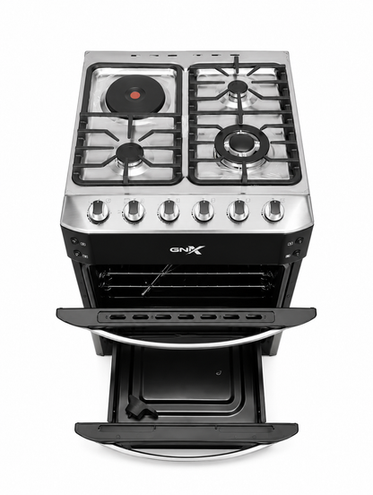GNIX 60x60 Cooker 3 Gas Burners + 1 Rapid Hotplate, Electric Oven With Turbo Fan, Rotisserie, Gas Leak Sensor ,Wok Burner, Auto Ignition