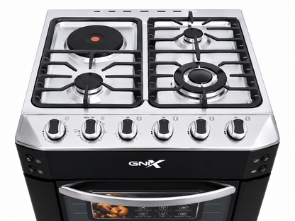 GNIX 60x60 Cooker 3 Gas Burners + 1 Rapid Hotplate, Electric Oven With Turbo Fan, Rotisserie, Gas Leak Sensor ,Wok Burner, Auto Ignition