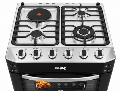 GNIX 60x60 Cooker 3 Gas Burners + 1 Rapid Hotplate, Electric Oven With Turbo Fan, Rotisserie, Gas Leak Sensor ,Wok Burner, Auto Ignition