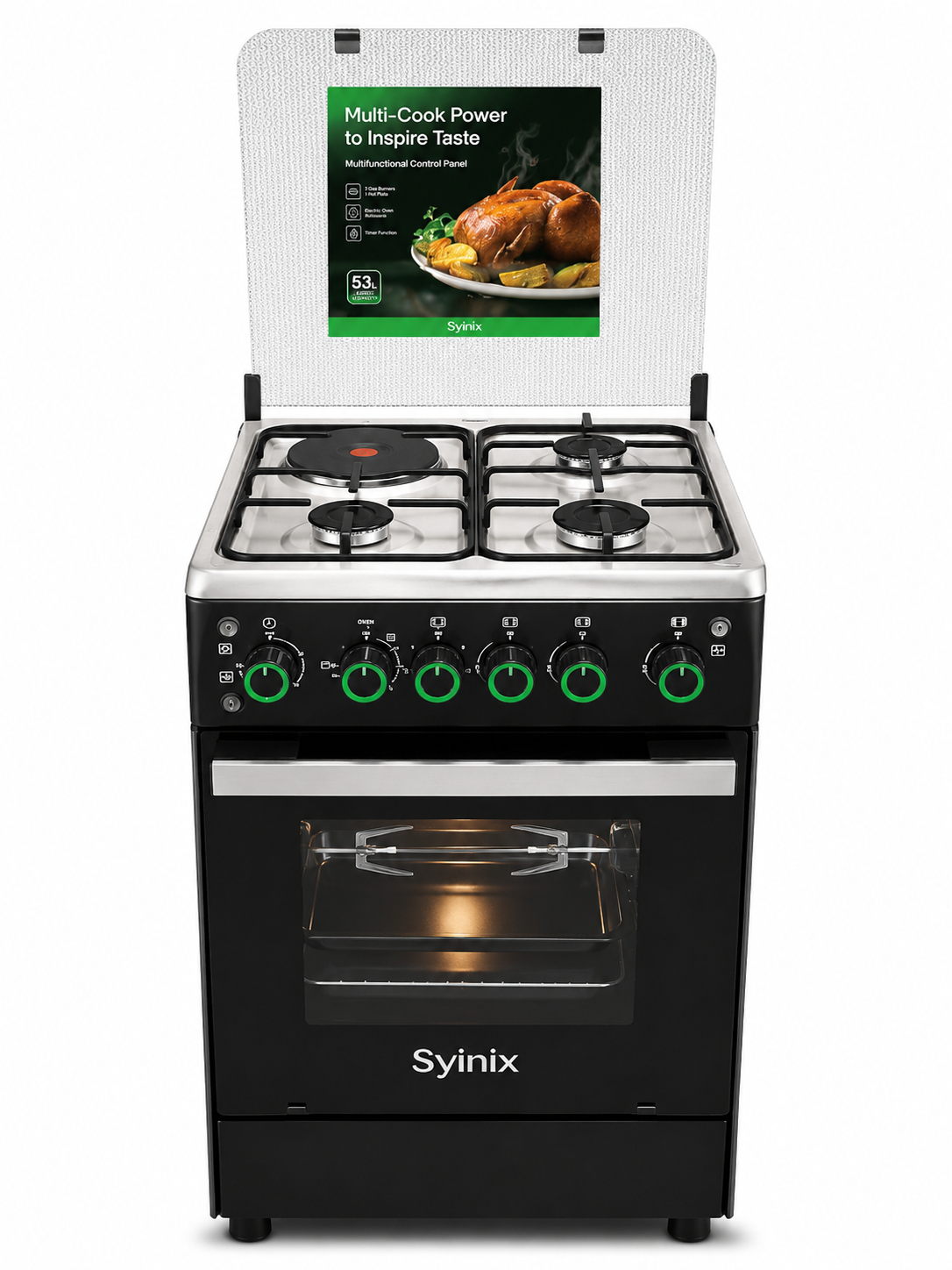 Syinix 50x55cm Gas Cooker Q50GC2, 3 Gas Burners + 1 Electric Hot Plate, Electric Oven, Auto Ignition, Rotisserie, Timer