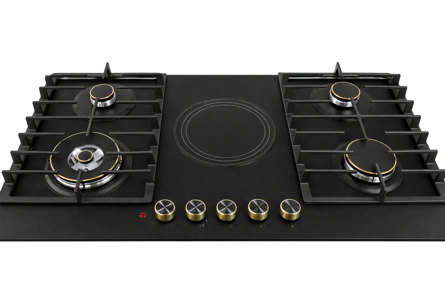 Bolesi 5 Burner Built-In Gas and Electric Hob 4 Gas Burners With Wok + 1 Electric Plate, Tempered Glass Top, Cast Iron Pan Support, Auto Ignition. Black