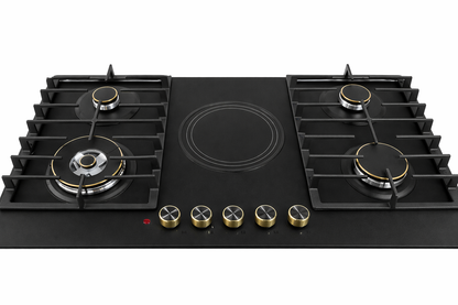 Bolesi Hob 5 Burner Built-In Gas and Electric Hob 4 Gas Burners With Wok + 1 Electric Plate, Tempered Glass Top, Cast Iron Pan Support, Auto Ignition. Black