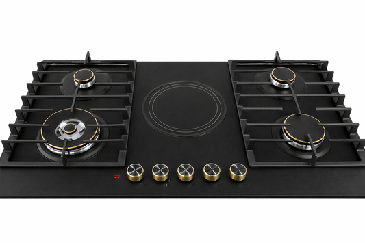 Bolesi 5 Burner Built-In Gas and Electric Hob 4 Gas Burners With Wok + 1 Electric Plate, Tempered Glass Top, Cast Iron Pan Support, Auto Ignition. Black