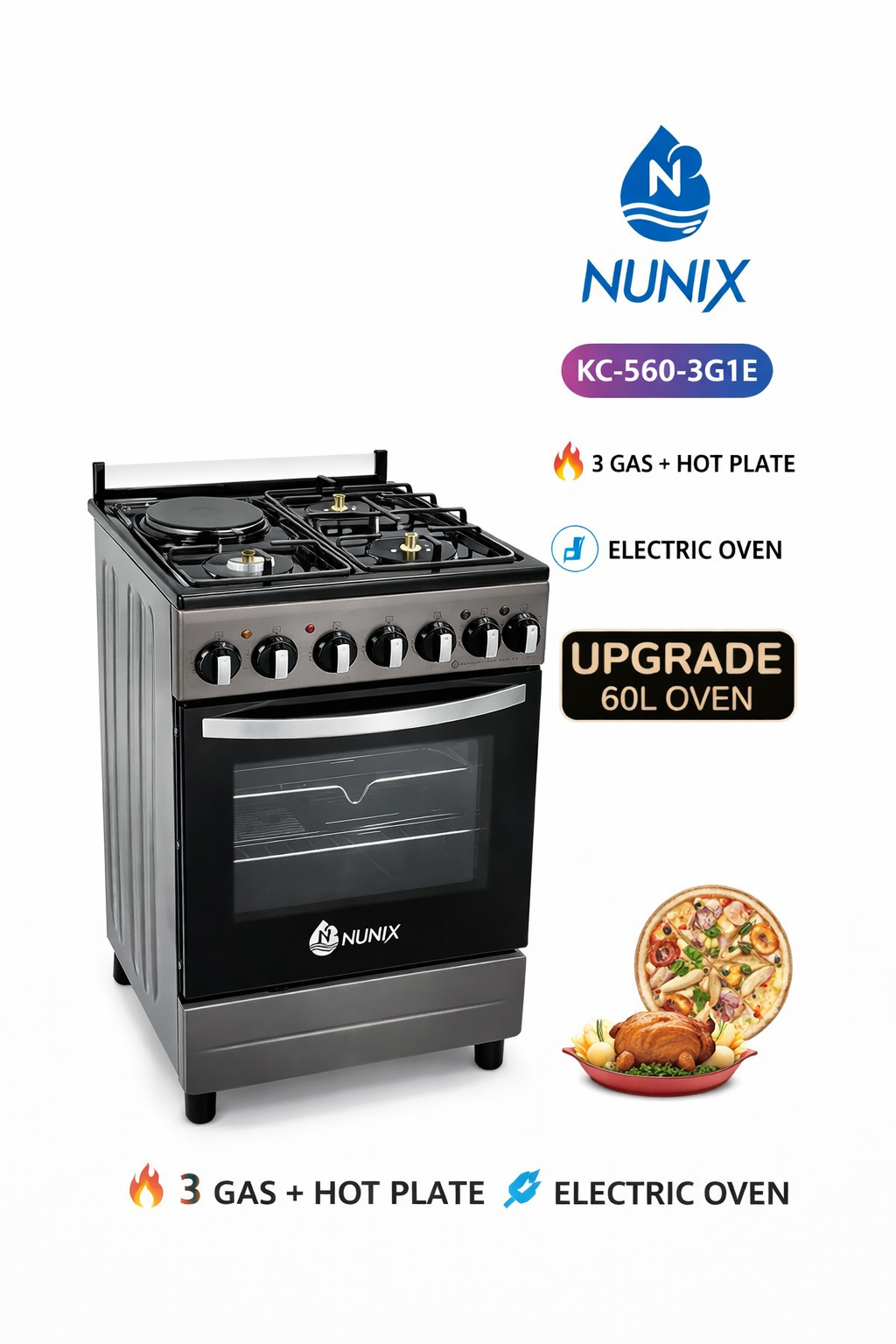 Nunix Cooker Free Standing 3+1 Gas Burner Electric Cooker With Electric Oven 50*55