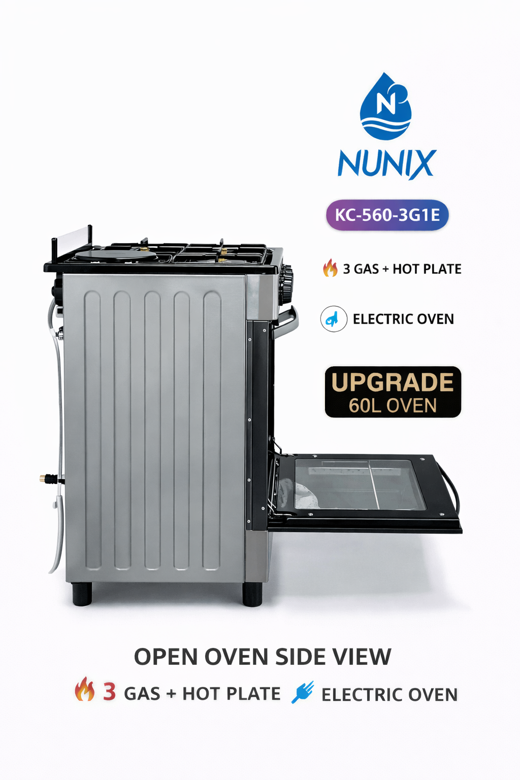 Nunix Cooker Freestanding 50×55cm 4-Gas Burner With Gas Oven KZ-560-GO-S